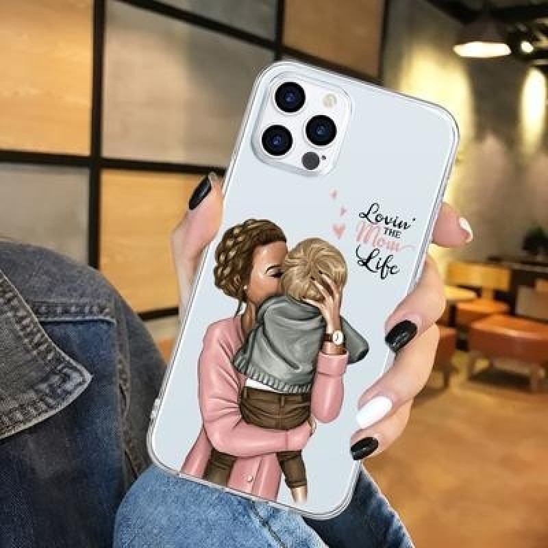 Черный Коричневый Ребенок Мама Девочка Волосы Мягкий TPU Чехол для iPhone 13 12 11 XS Pro Max XR X 7