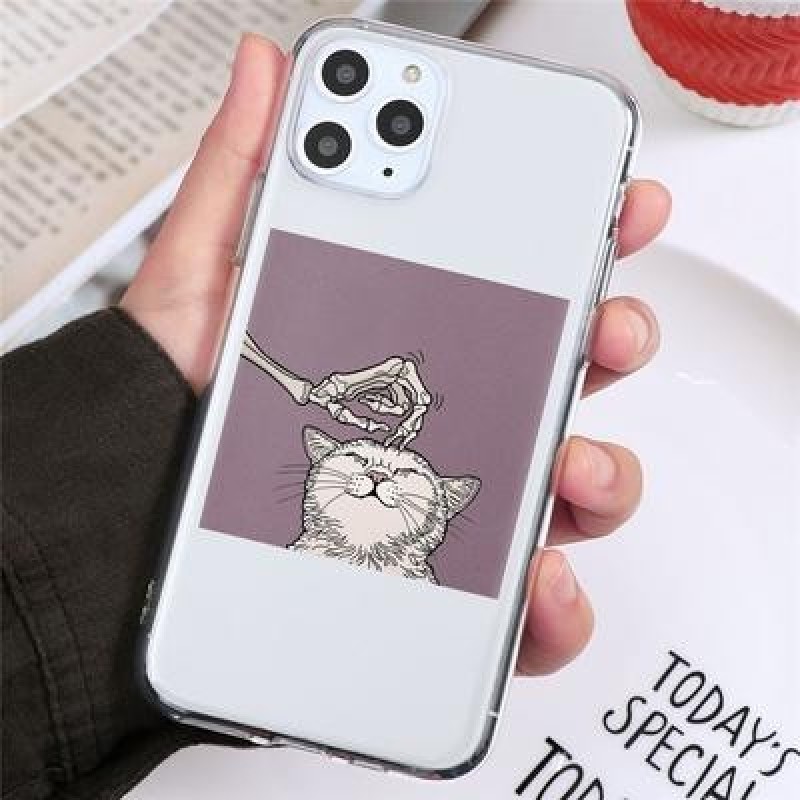 Череп Симпатичный кот Прозрачный чехол для телефона для iPhone 13 12 11 XS Samsung Galaxy A52s A70 A
