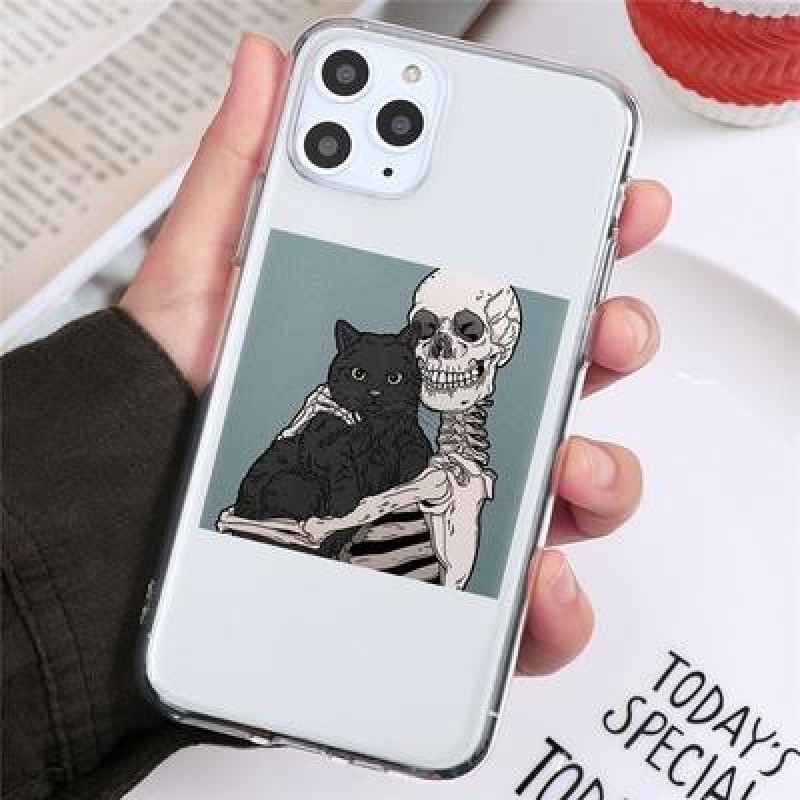 Череп Симпатичный кот Прозрачный чехол для телефона для iPhone 13 12 11 XS Samsung Galaxy A52s A70 A
