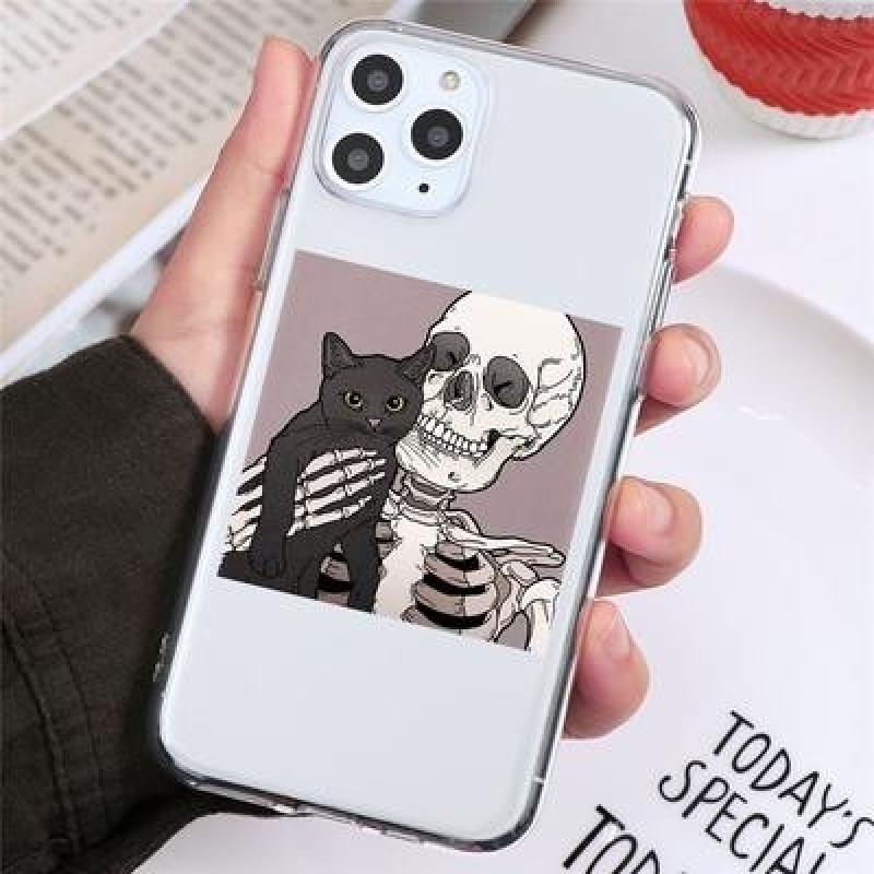 Череп Симпатичный кот Прозрачный чехол для телефона для iPhone 13 12 11 XS Samsung Galaxy A52s A70 A