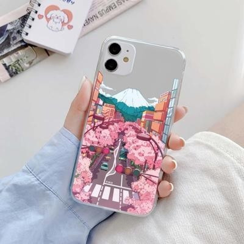 Японский эстетический прозрачный чехол Traint Moun Fuji для iPhone 14 13 12 11 Pro Max 8 7 Redmi 12C