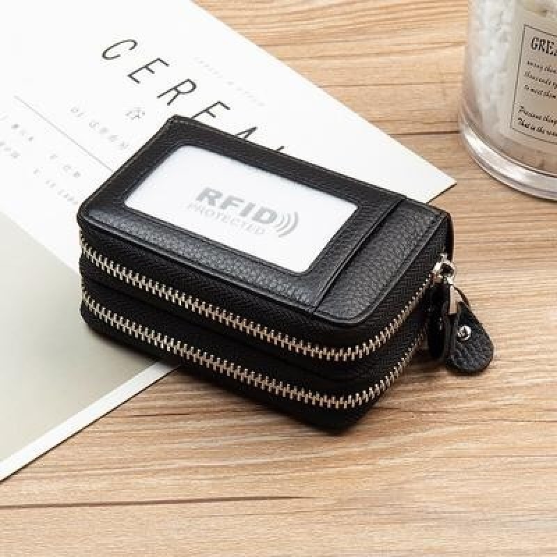 RFID Блокировка Мода Женщины Держатель карты Подлинная кожа Двойная молния Большая емкость Женский к