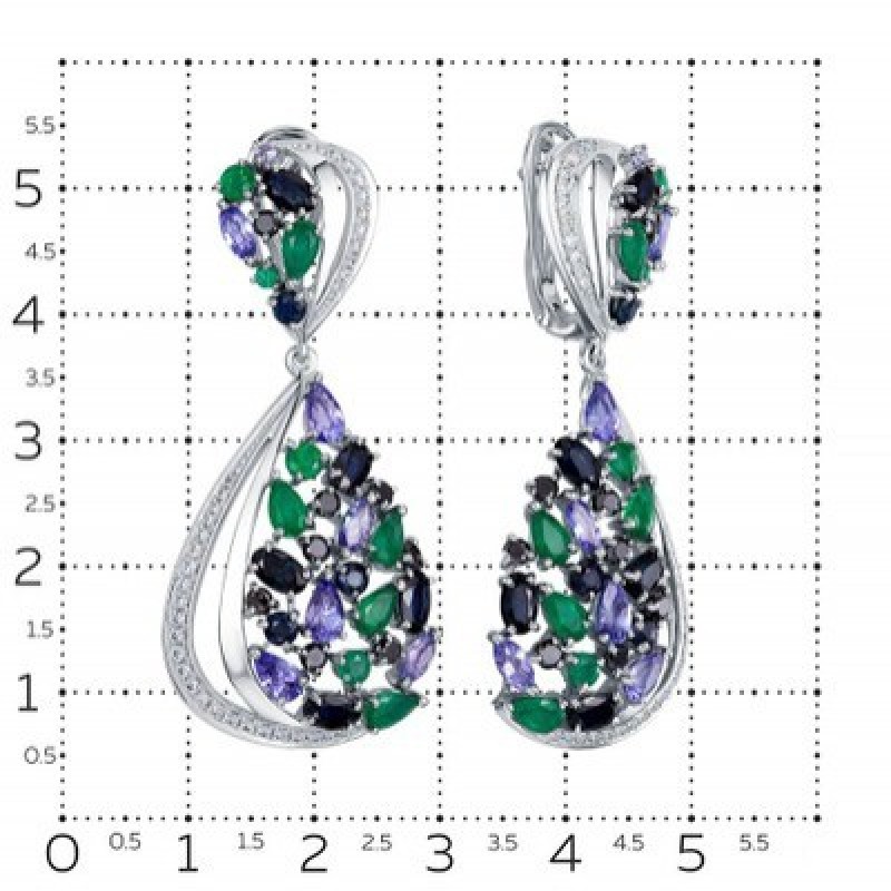 Серьги из белого золота с подвесками Vesna jewelry 21177-251-203-00 с изумрудами, сапфирами, танзани